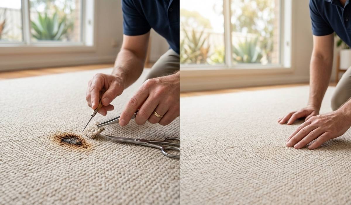 A split-screen showing a technician using precision tools to repair a dark iron burn on beige carpet, followed by the seamless finished result.