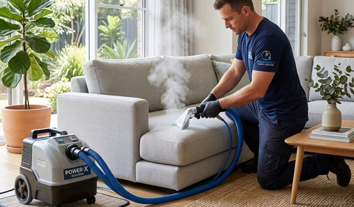 A technician wearing an "Emergency Carpet Cleaning" branded navy t-shirt uses a steam extraction machine on a light grey sofa in a modern, sunlit living room.